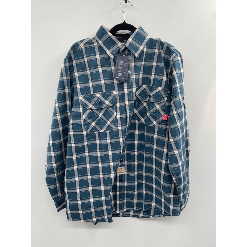 NWT BOCOMAL Flame Resistant‎ Plaid Shirt Men's Large Blue/Off-White Long Sleeve
